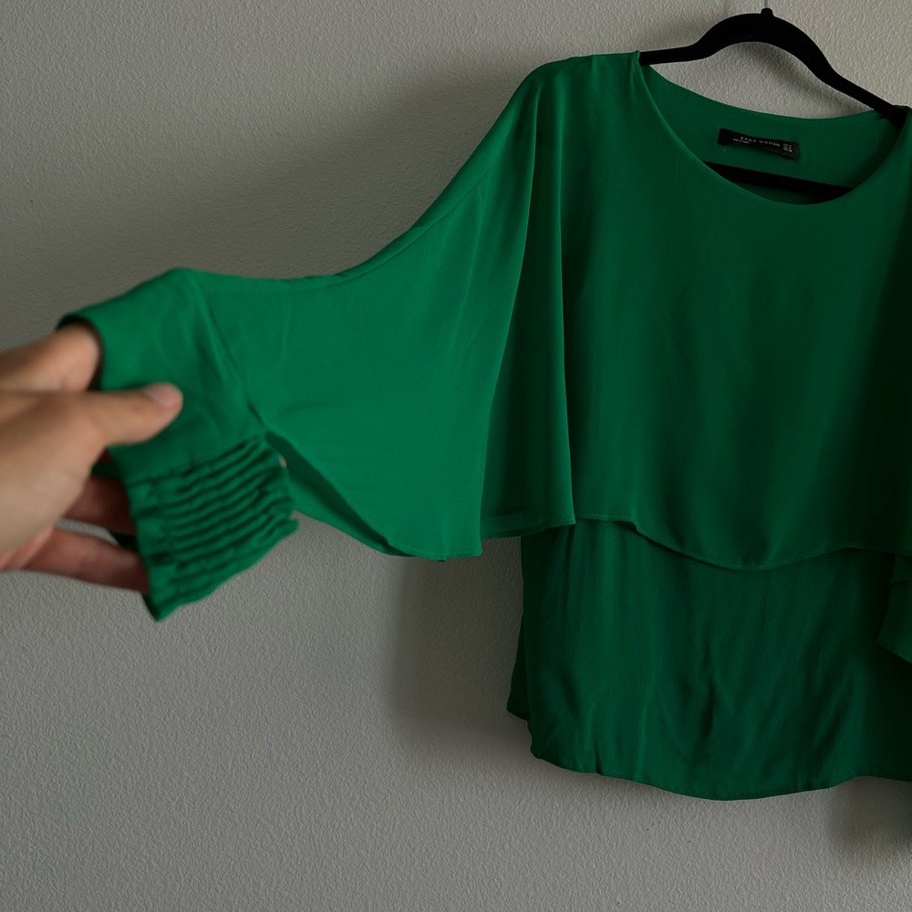 ZARA Sheer Layered Ruffled Blouse Kimono Split Sleeves Boat Neck Small Green